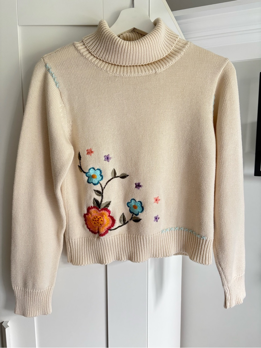 Y2k Cream Turtleneck Knit Cotton Sweater with Floral Embroidery